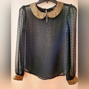 Black Sheer Top with Gold Sequin Collar and Cuffs by MONTEAU. NWOT